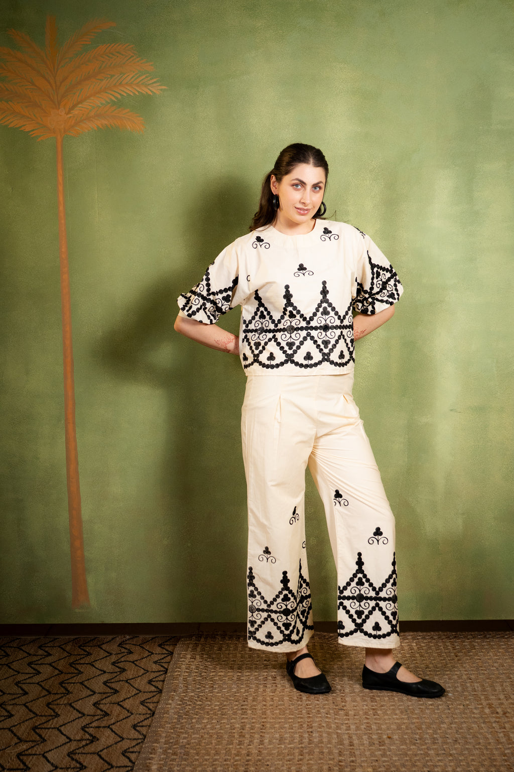 Black-on-Ivory Embroidered Co-ord