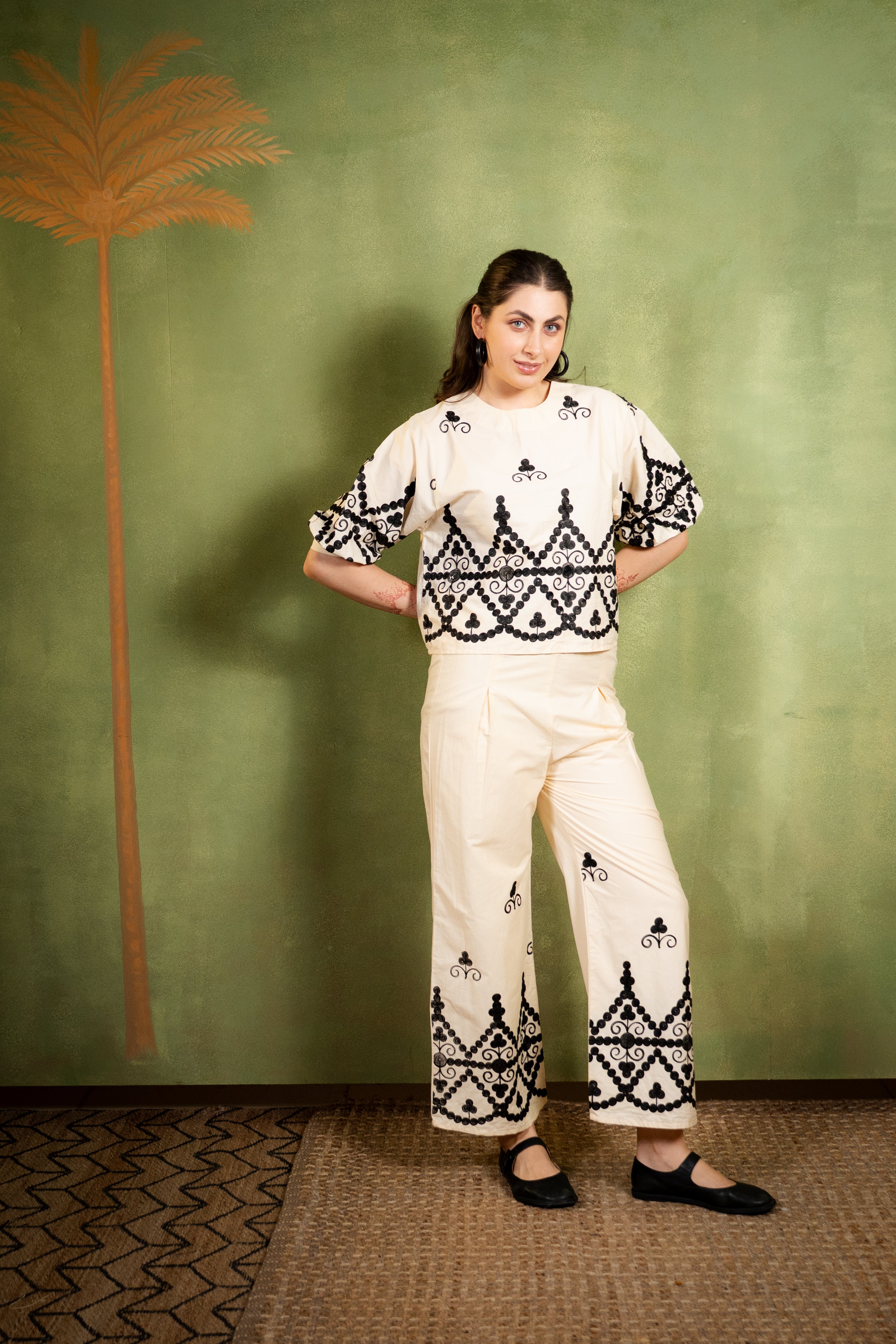 Black-on-Ivory Embroidered Co-ord