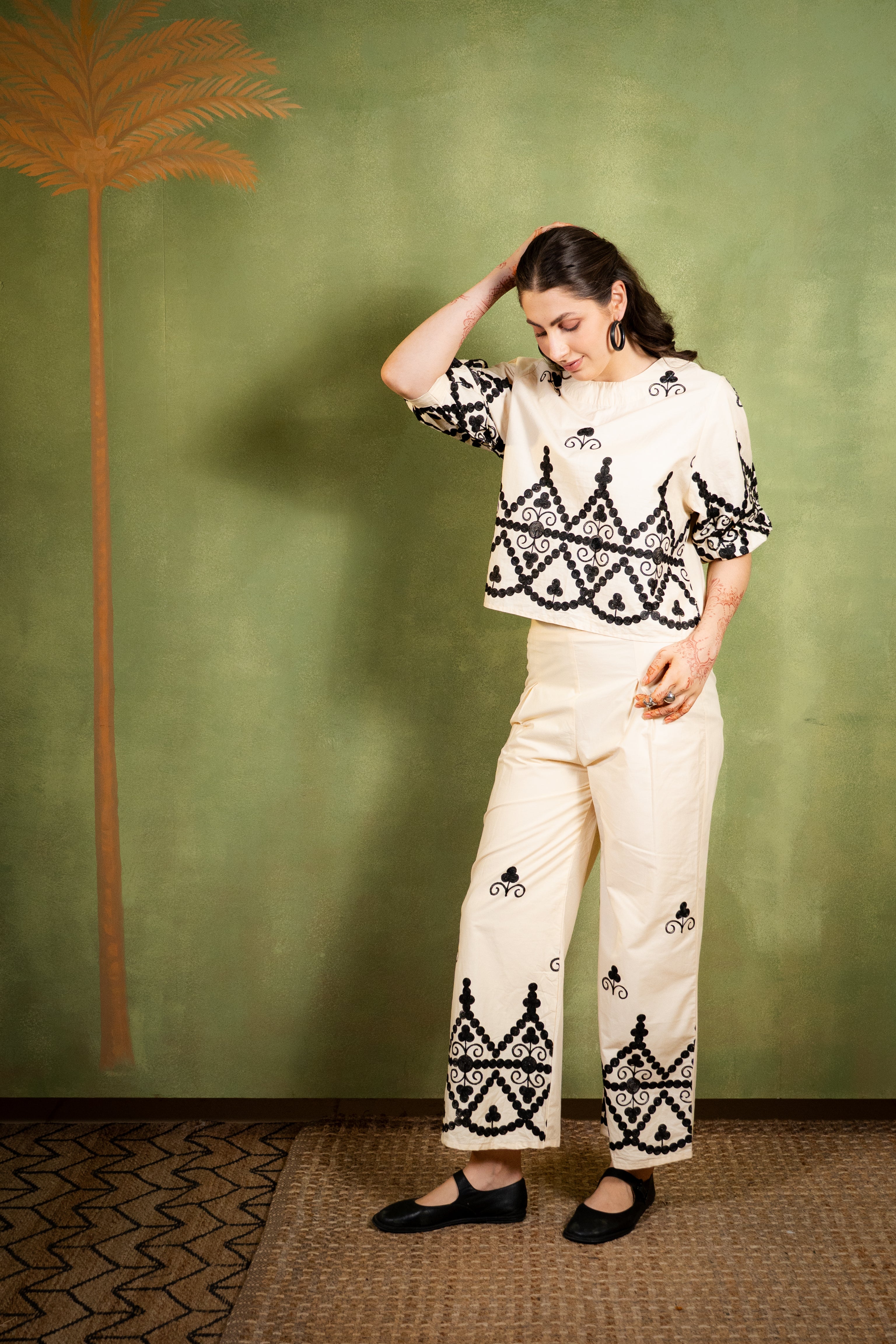 Black-on-Ivory Embroidered Co-ord