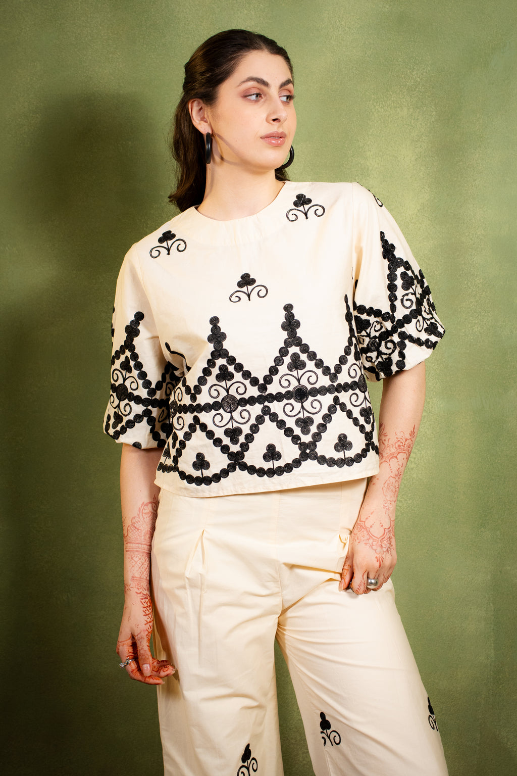 Black-on-Ivory Embroidered Co-ord