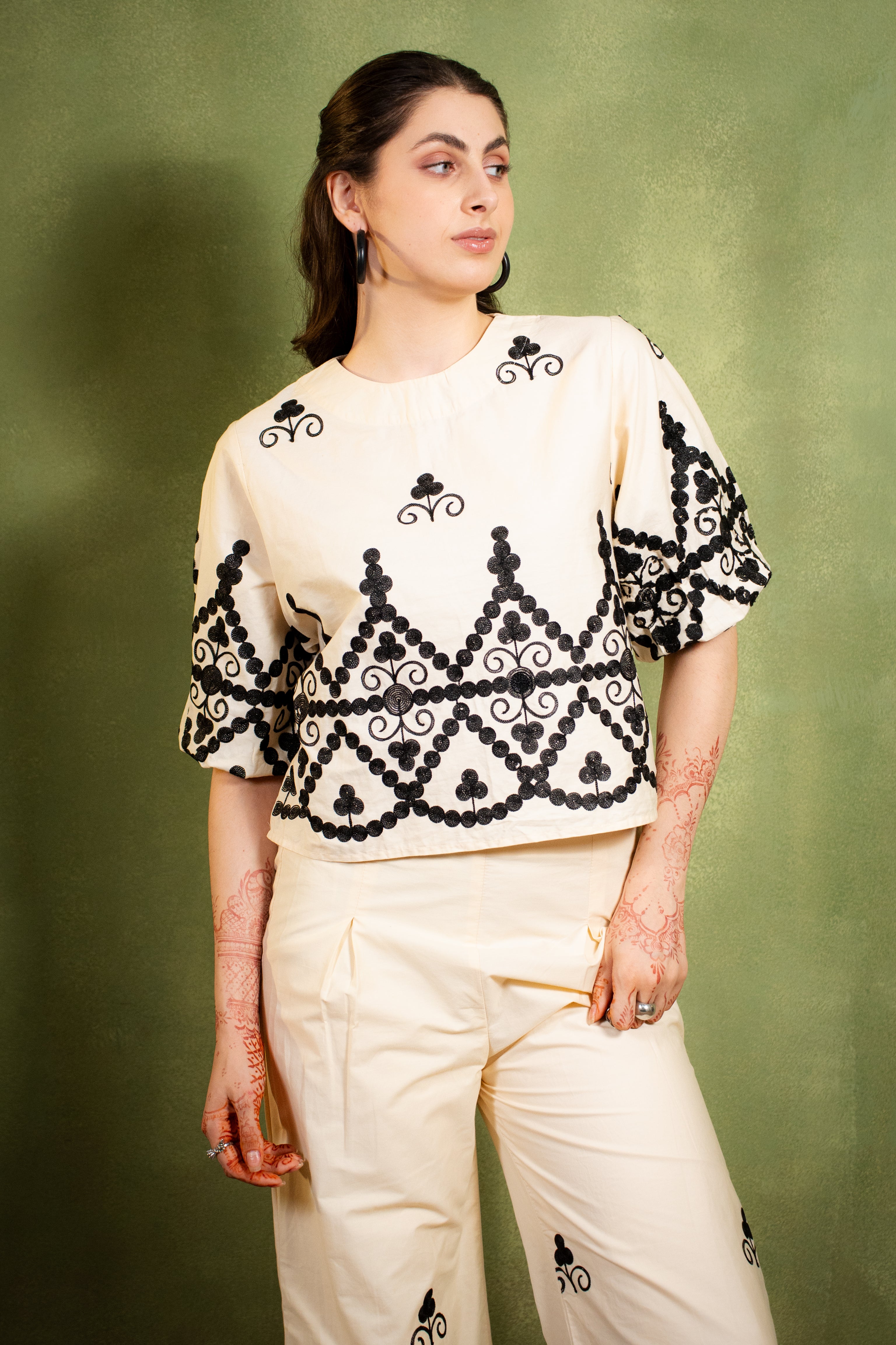 Black-on-Ivory Embroidered Co-ord